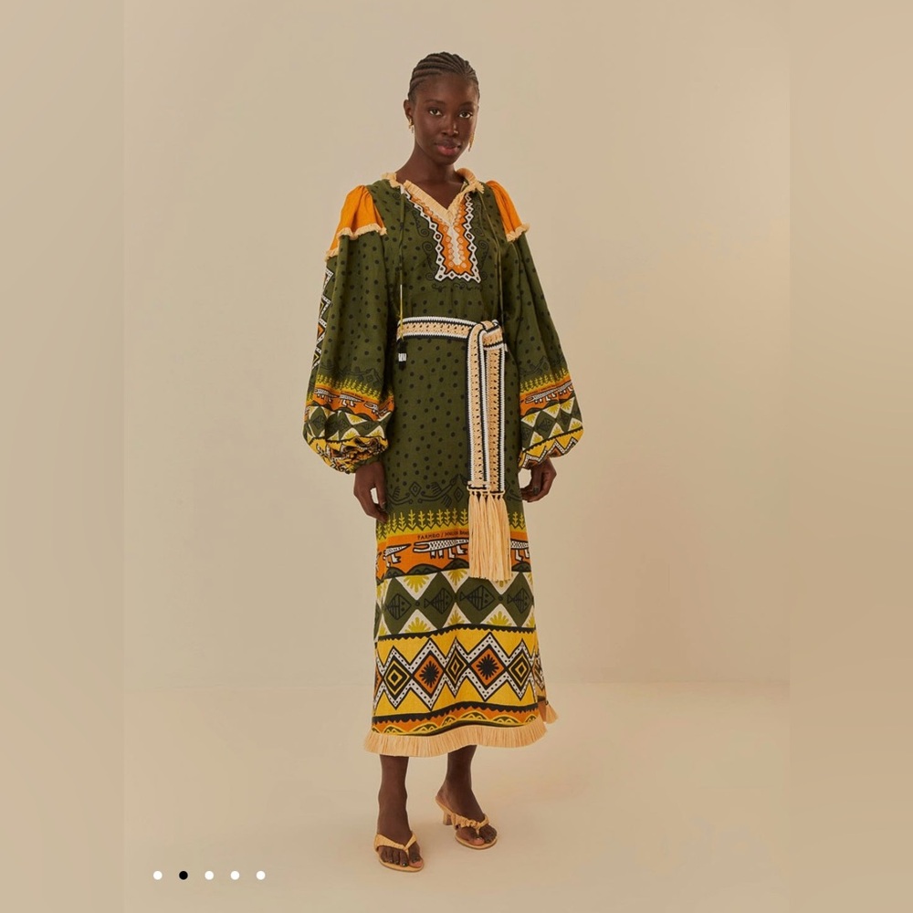 Farm Rio Green Creation Long Sleeve Midi Dress